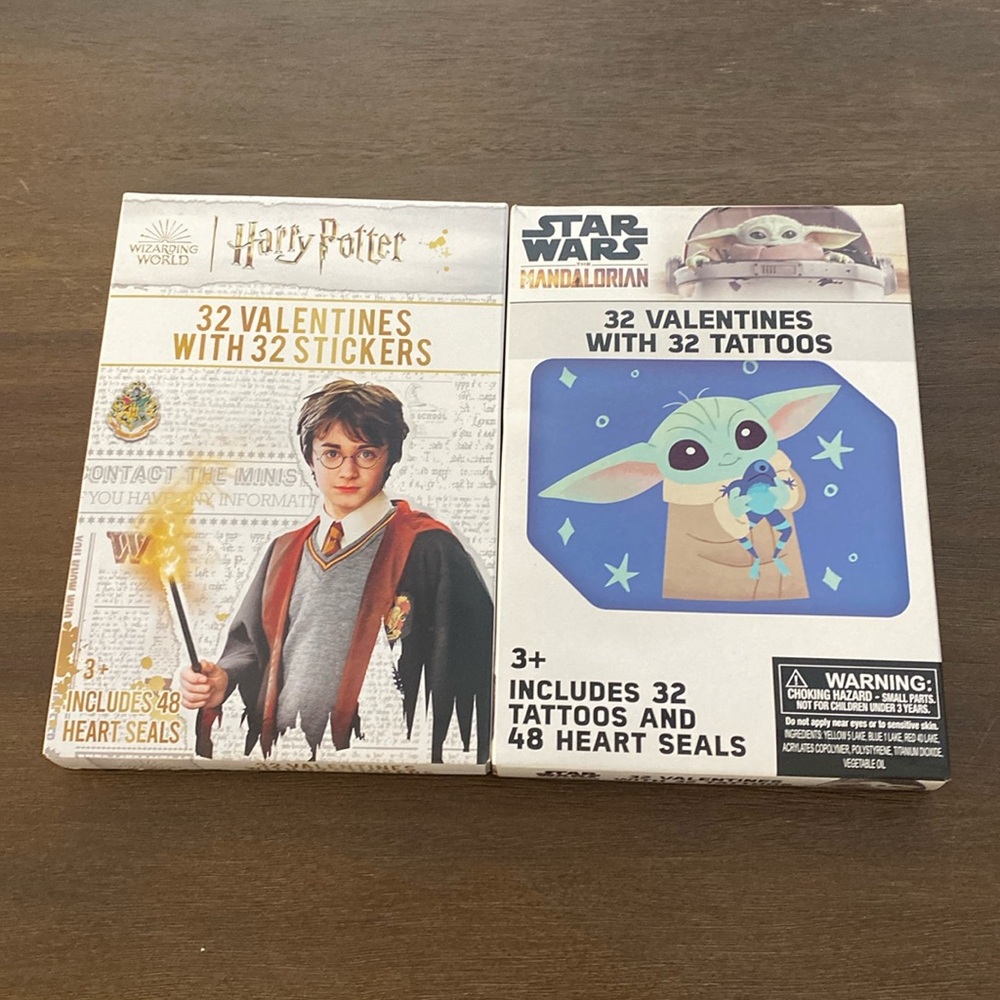 32 Harry Potter w/ 32 Stickers and 32 The Mandalorian Valentines w/ 32 Tattoos